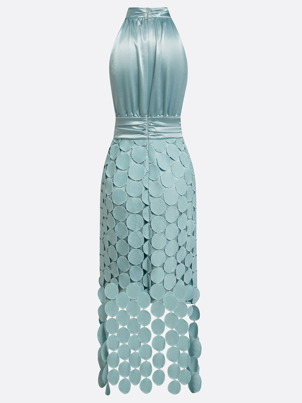 Amelie halterneck satin-finish midi dress with circle appliqué skirt — detail view