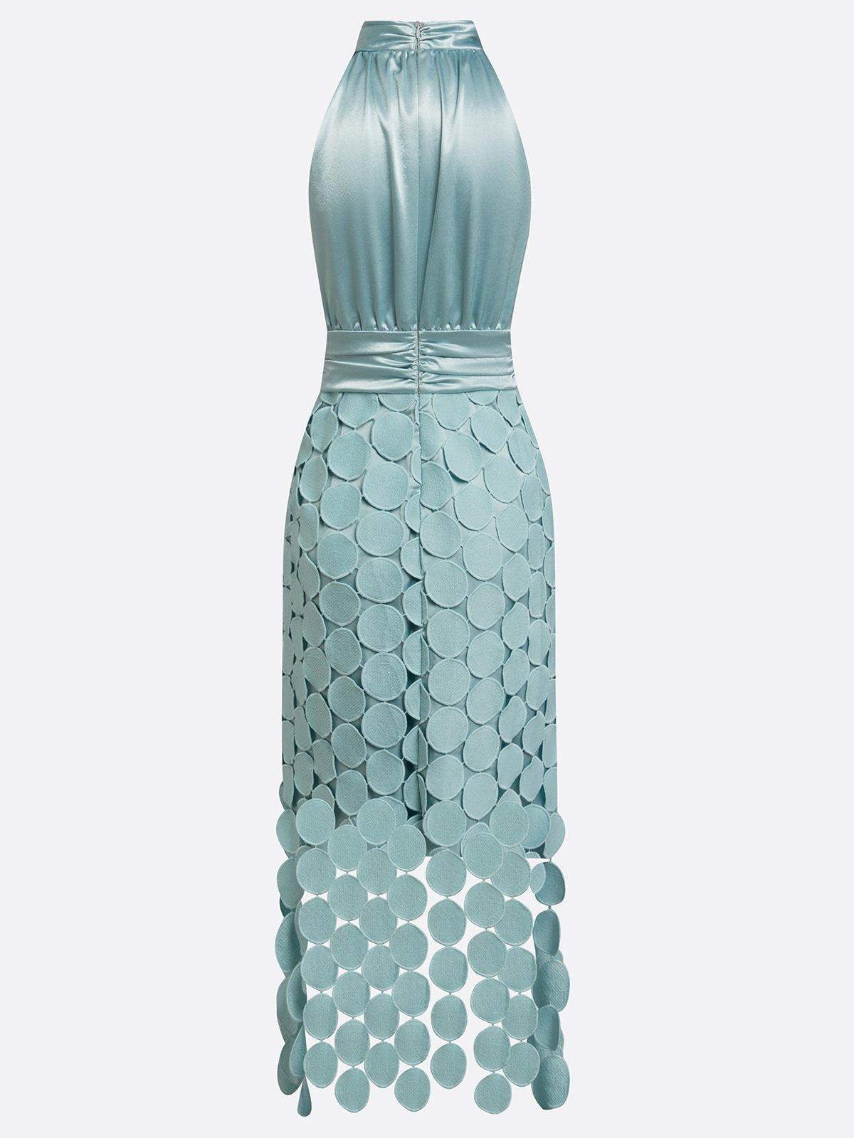 Amelie halterneck satin-finish midi dress with circle appliqué skirt — detail view