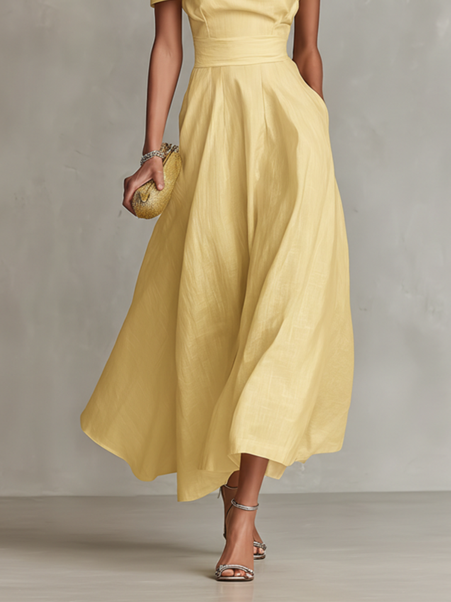 Camille one-shoulder draped midi dress with full skirt — detail view