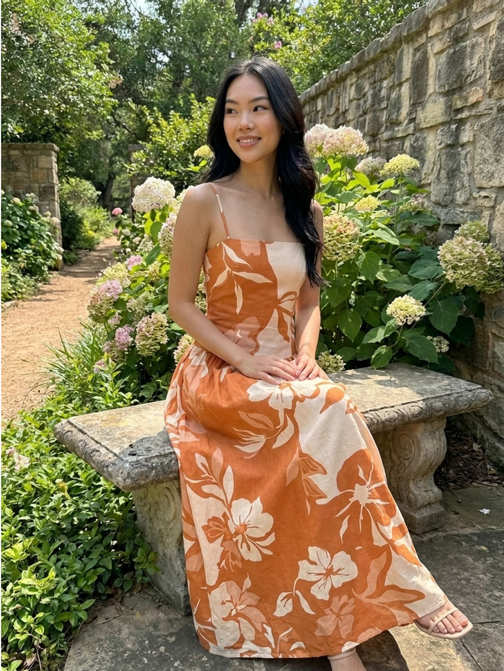 Ayla floral print strappy high-waist maxi dress in Blue — back view