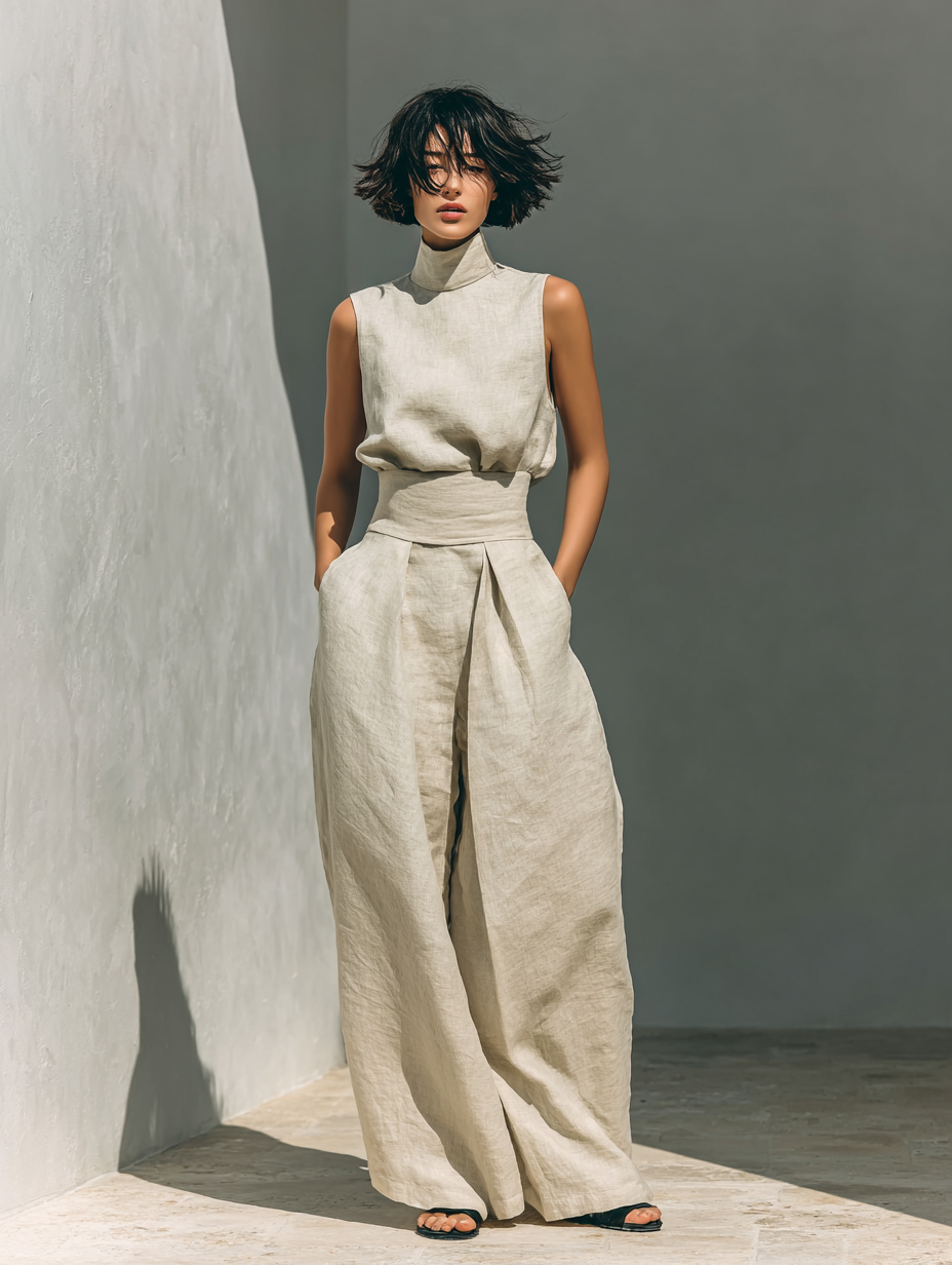 Clara | Cotton Linen Sleeveless Top and Wide Leg Pants Set
