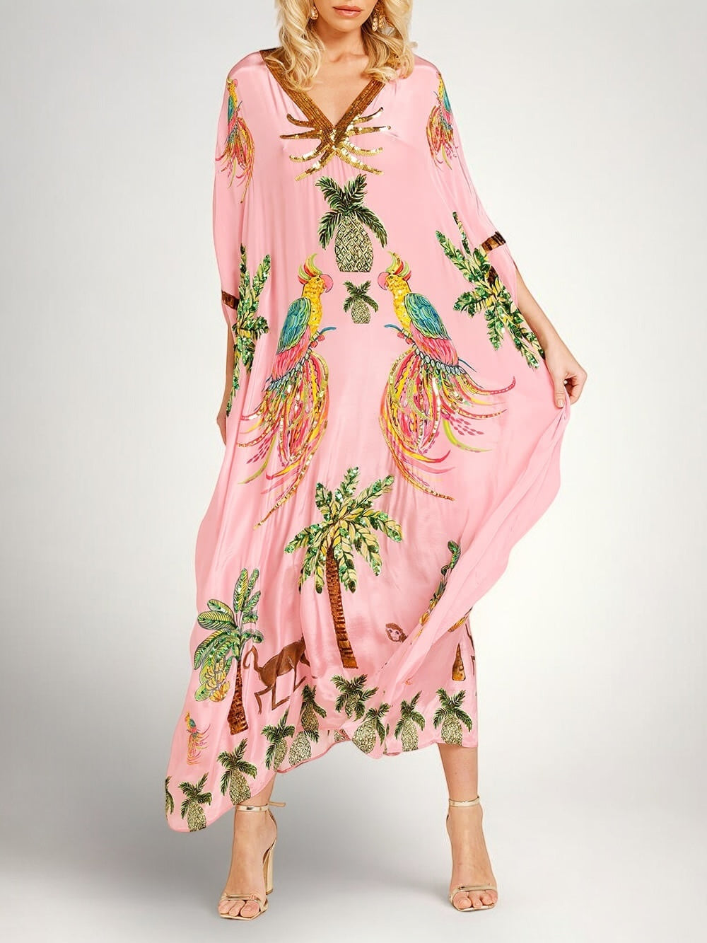 Sahara palm print drop-shoulder kaftan maxi dress — full-length view