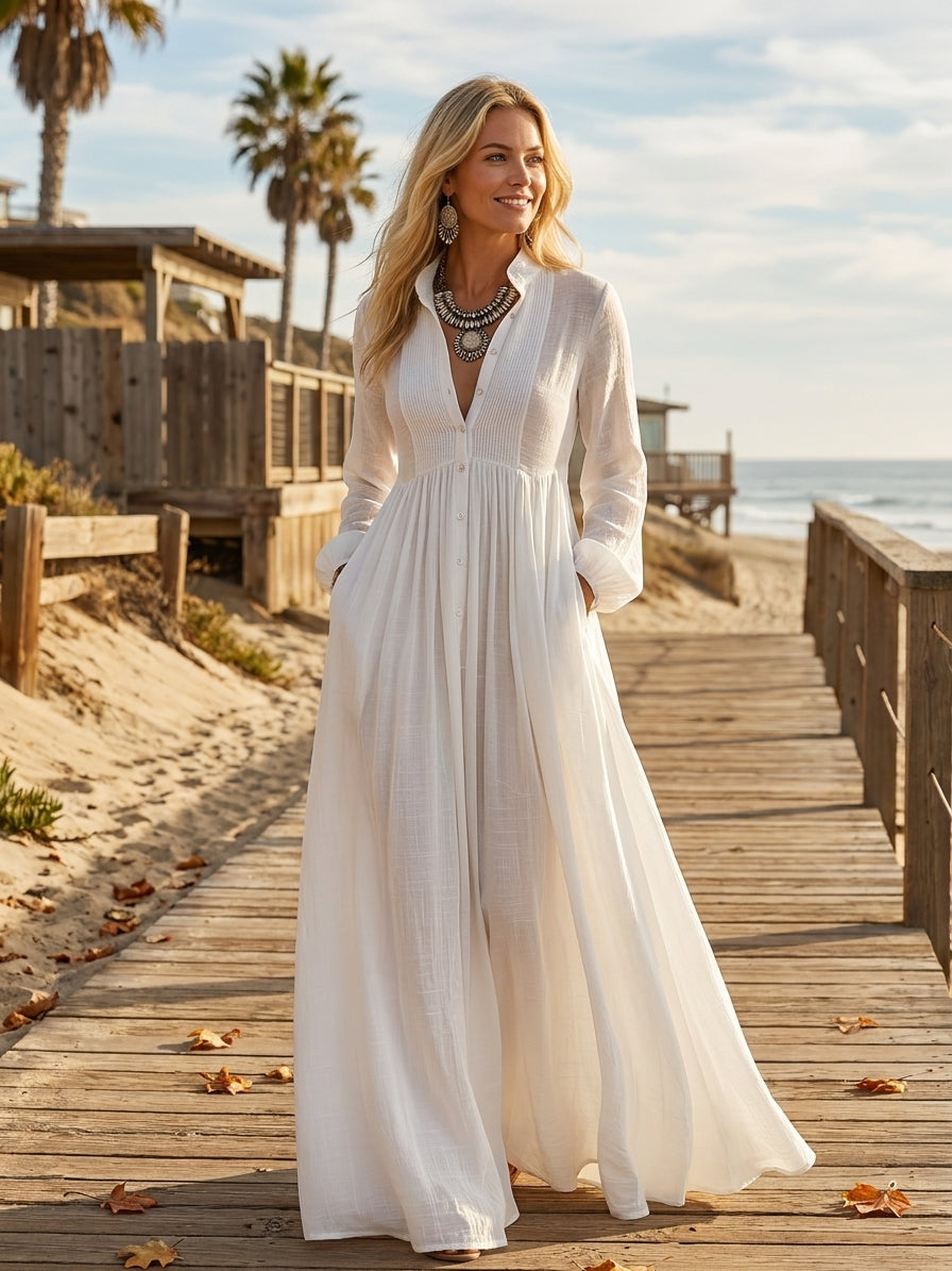 Elsie | Cotton Linen Patchwork Long Sleeve Maxi Shirt Dress