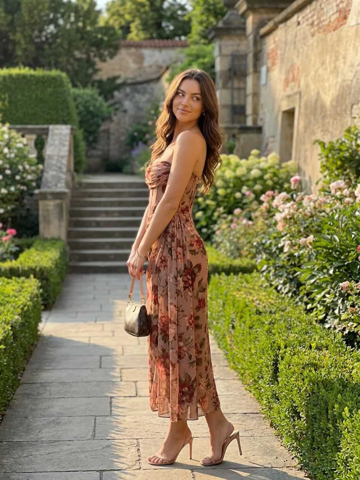 Greta floral chiffon corset midi dress in beige — front view