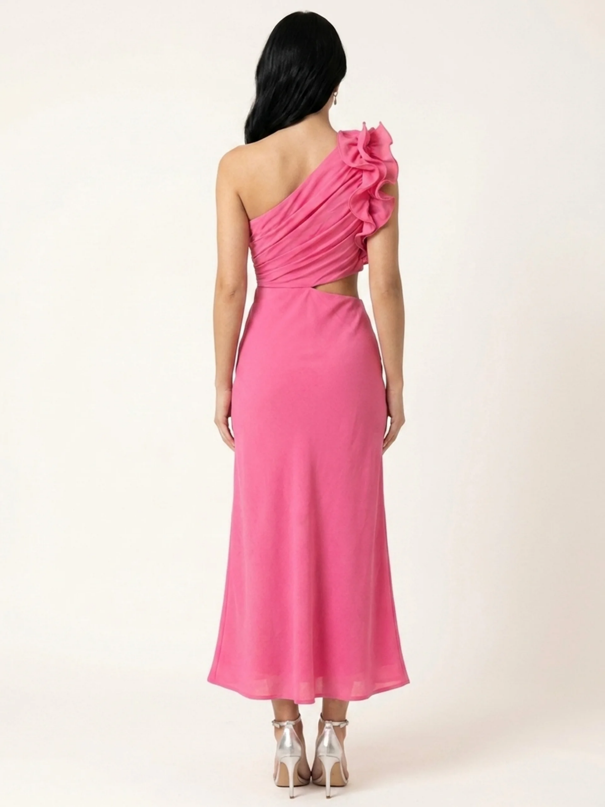Coco one-shoulder ruffle cutout maxi dress — back view