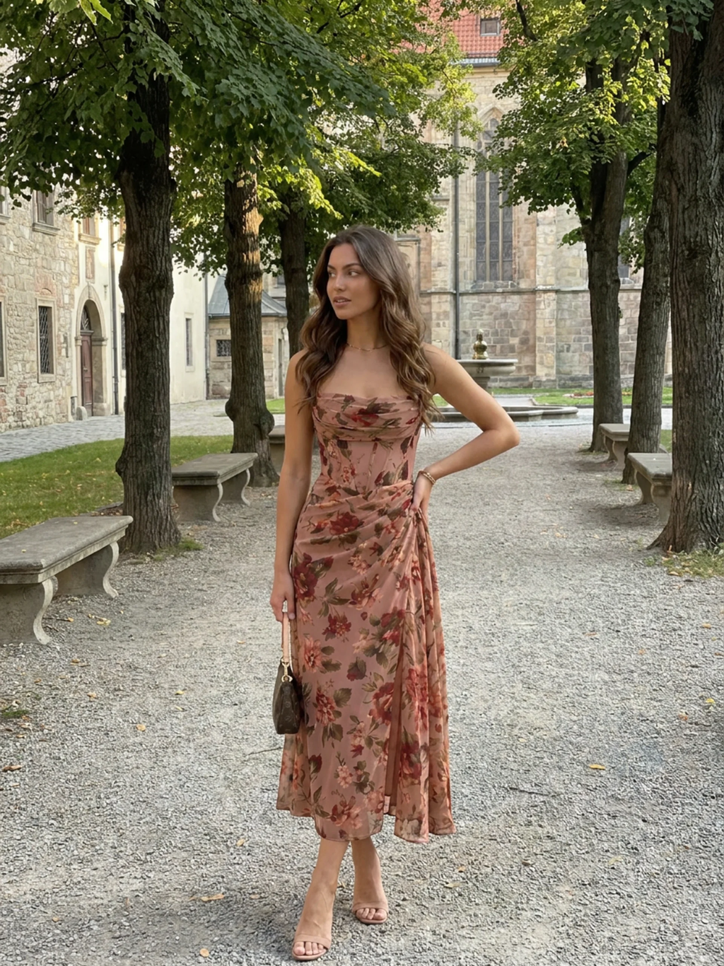 Greta floral chiffon corset midi dress in brown — detail view