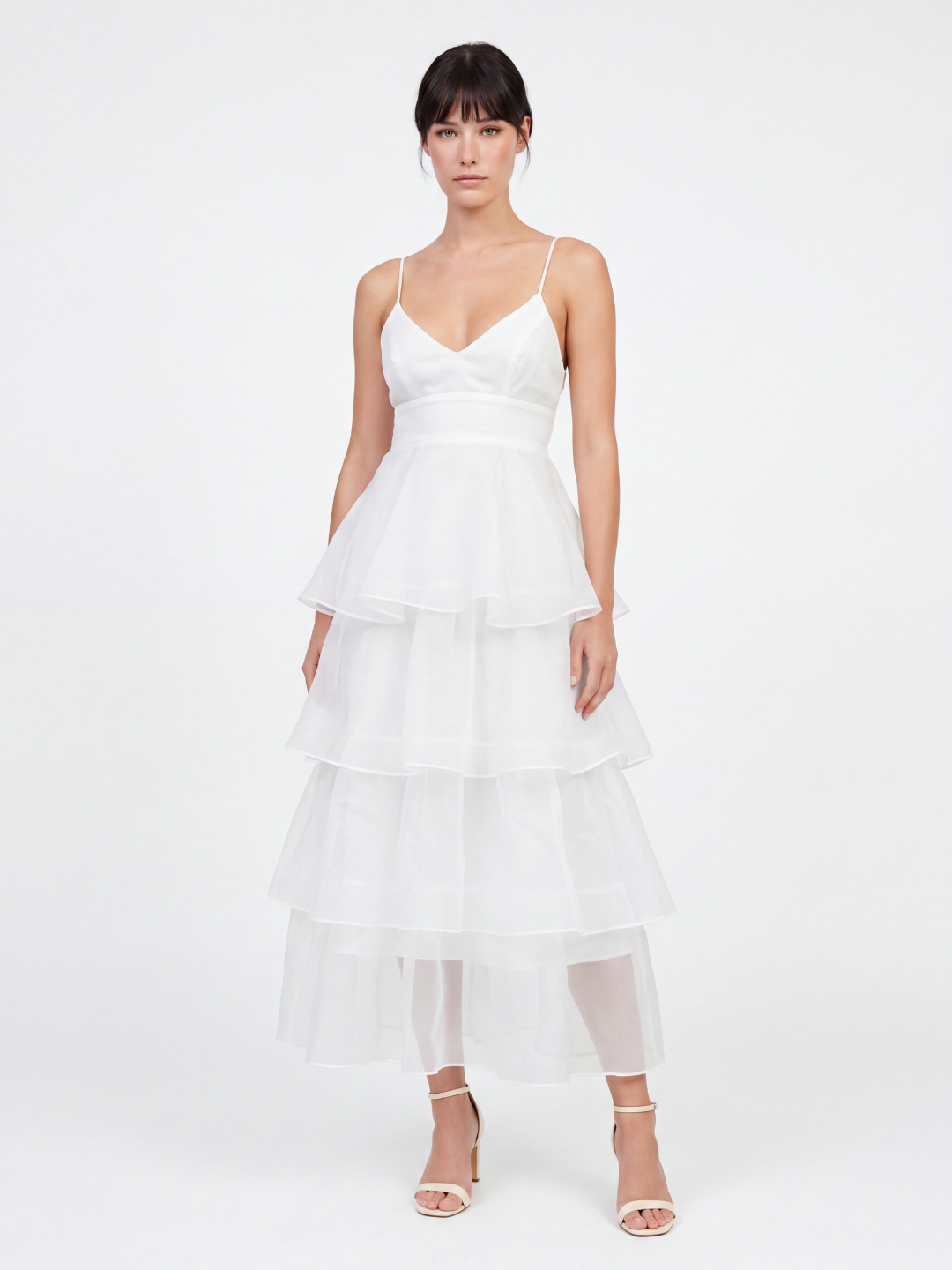 Nell tiered ruffle midi dress with organza skirt in White — front view