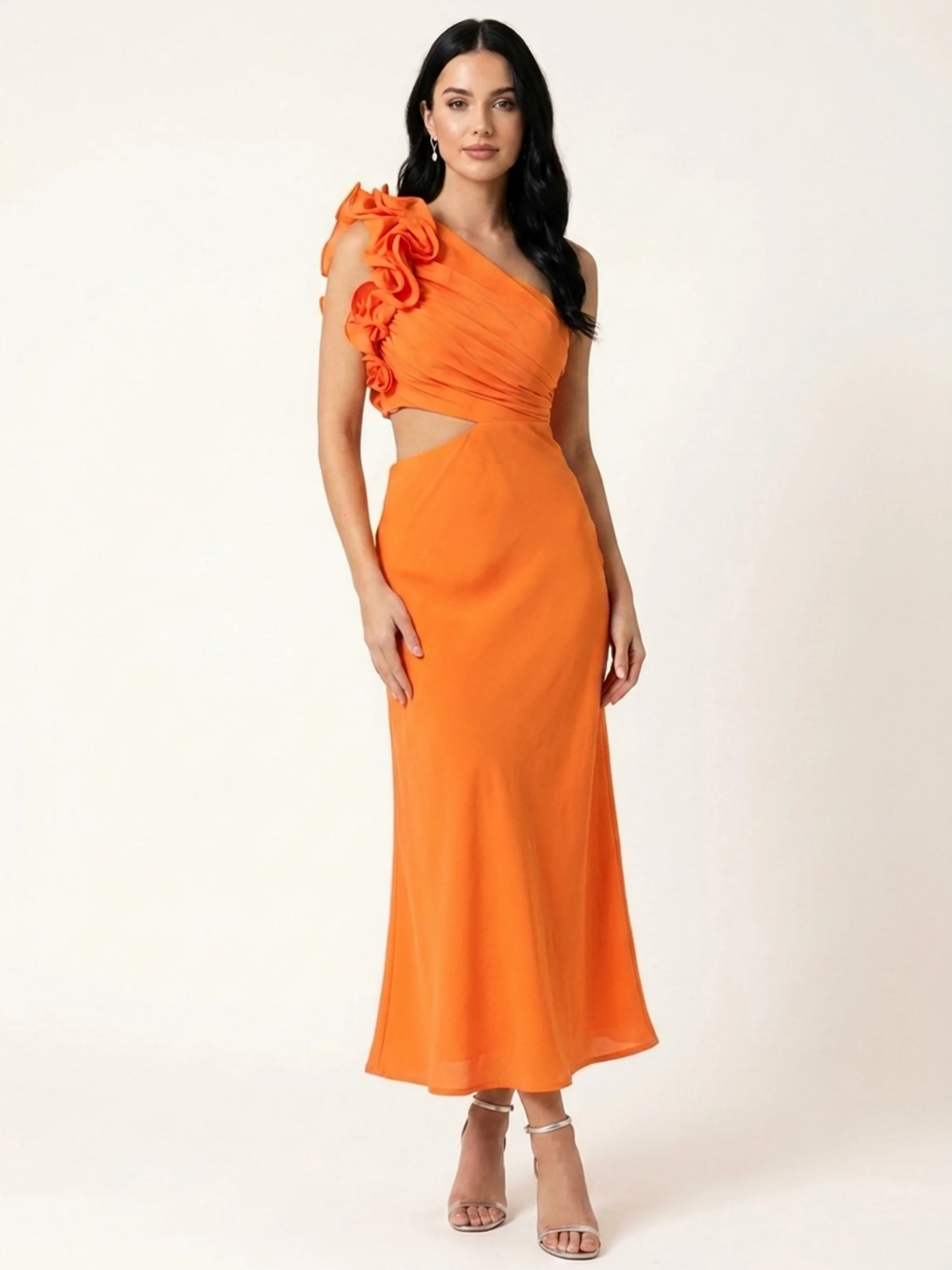 Coco one-shoulder ruffle cutout maxi dress — back view