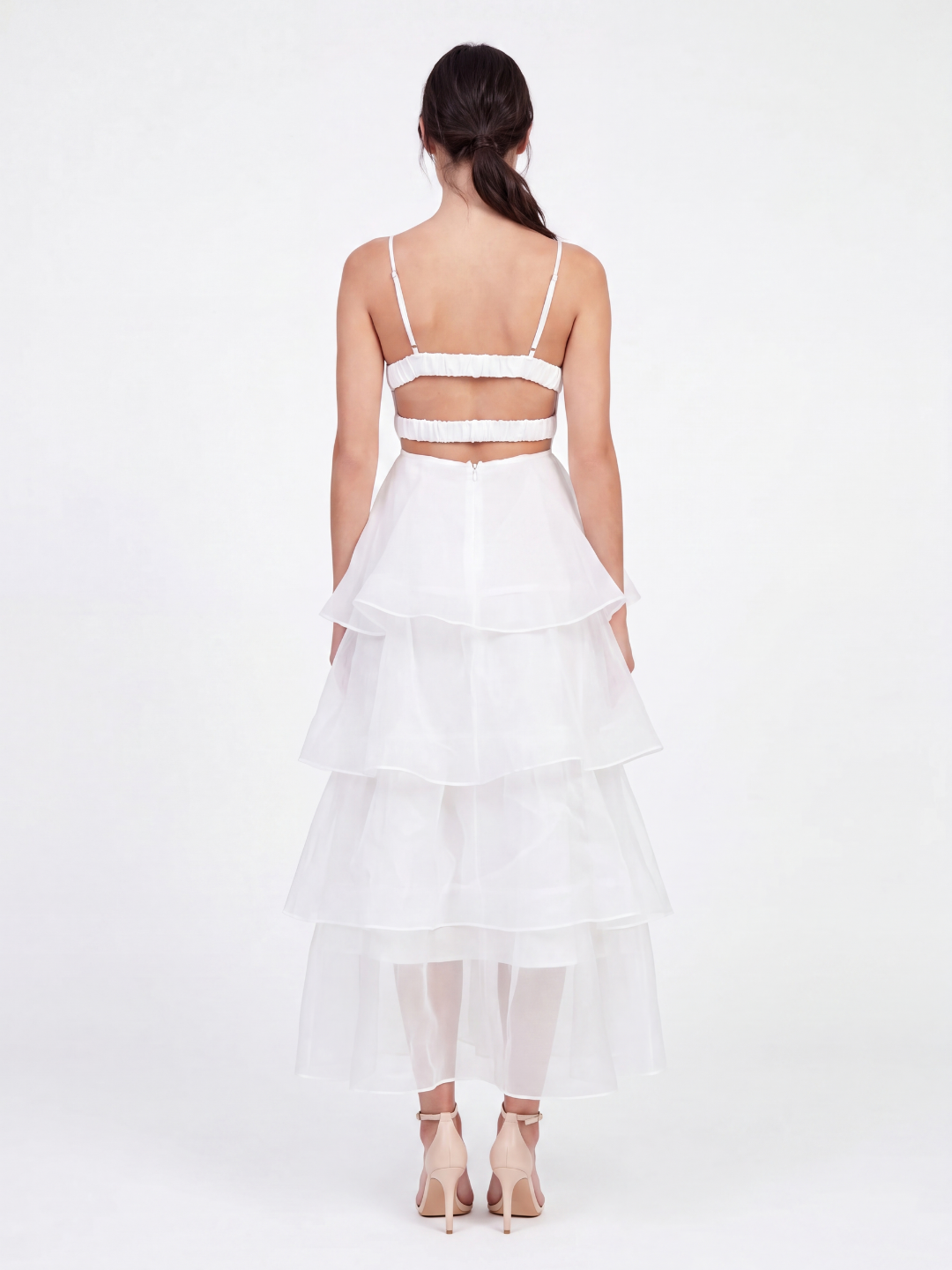 Nell tiered ruffle midi dress with organza skirt in White — back view