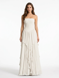 Belle pleated chiffon strapless maxi dress in white — front view