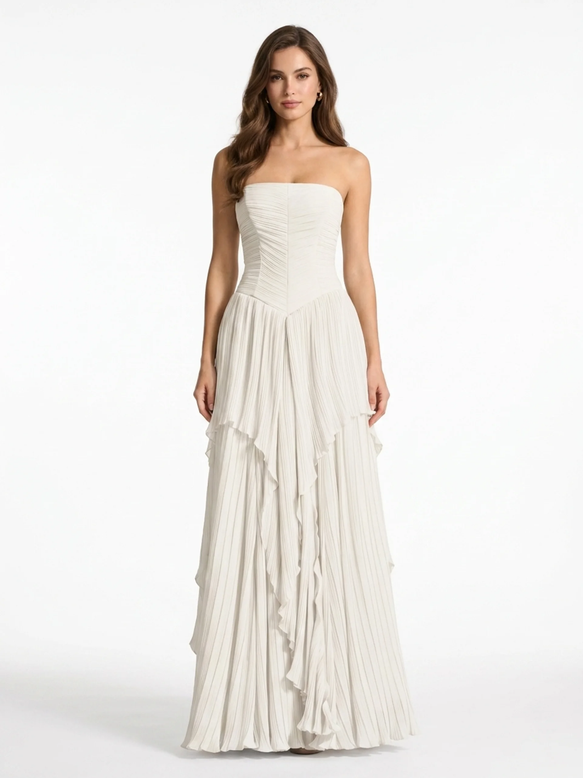 Belle pleated chiffon strapless maxi dress in white — front view