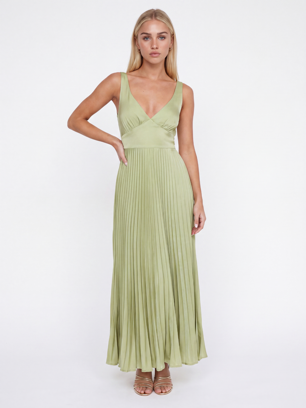 Isobel pleated satin-finish maxi dress in light green — front view