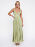 Isobel pleated satin-finish maxi dress in light green — front view