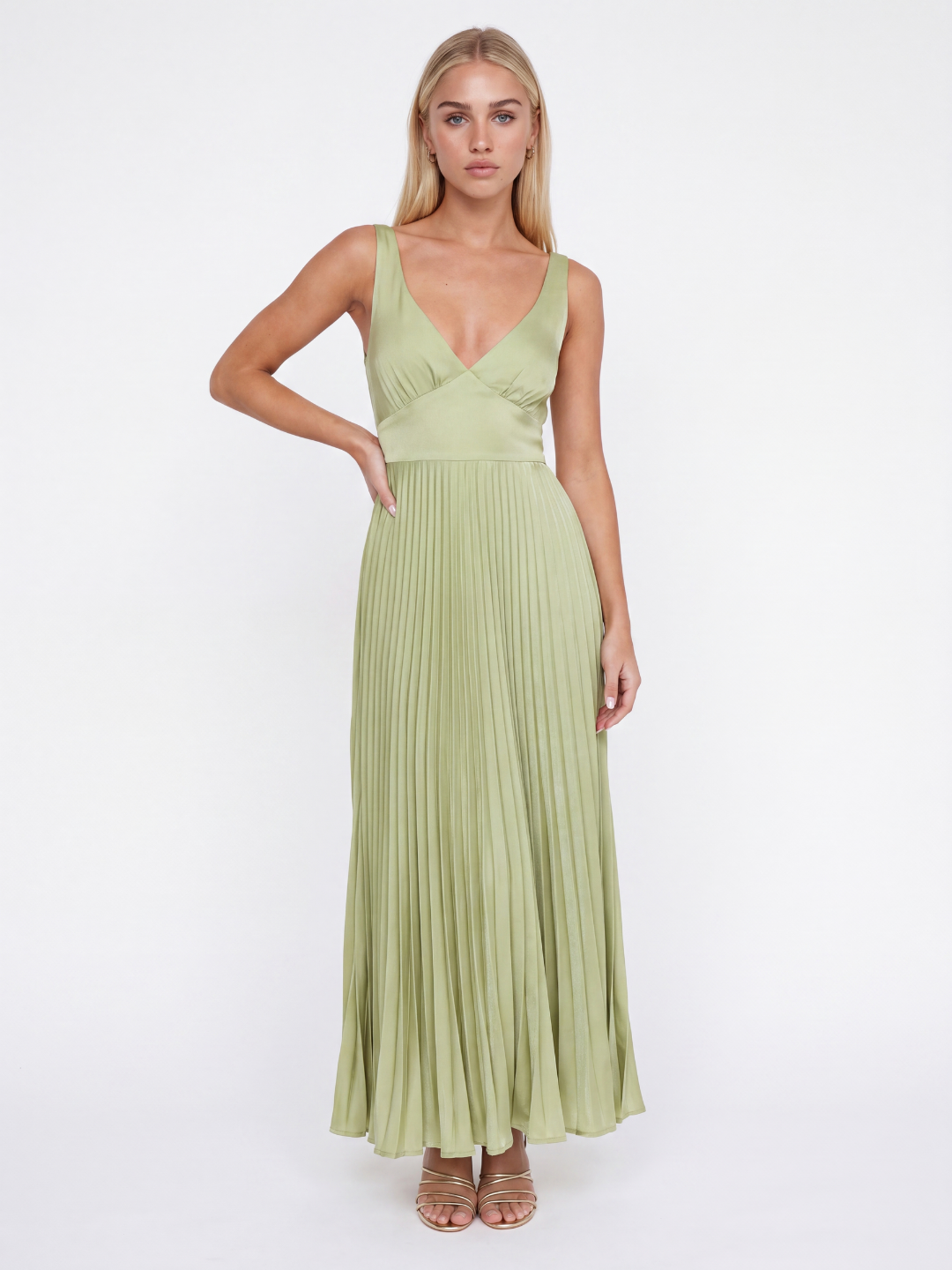 Isobel pleated satin-finish maxi dress in light green — front view