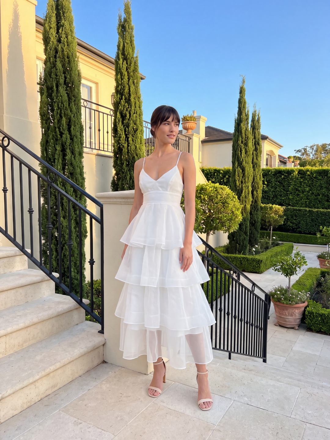 Nell tiered ruffle midi dress with organza skirt in Light Blue — front view