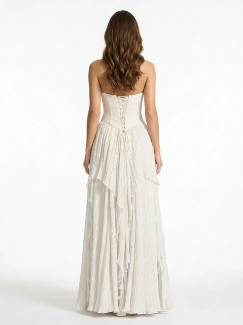 Belle pleated chiffon strapless maxi dress in white — back view