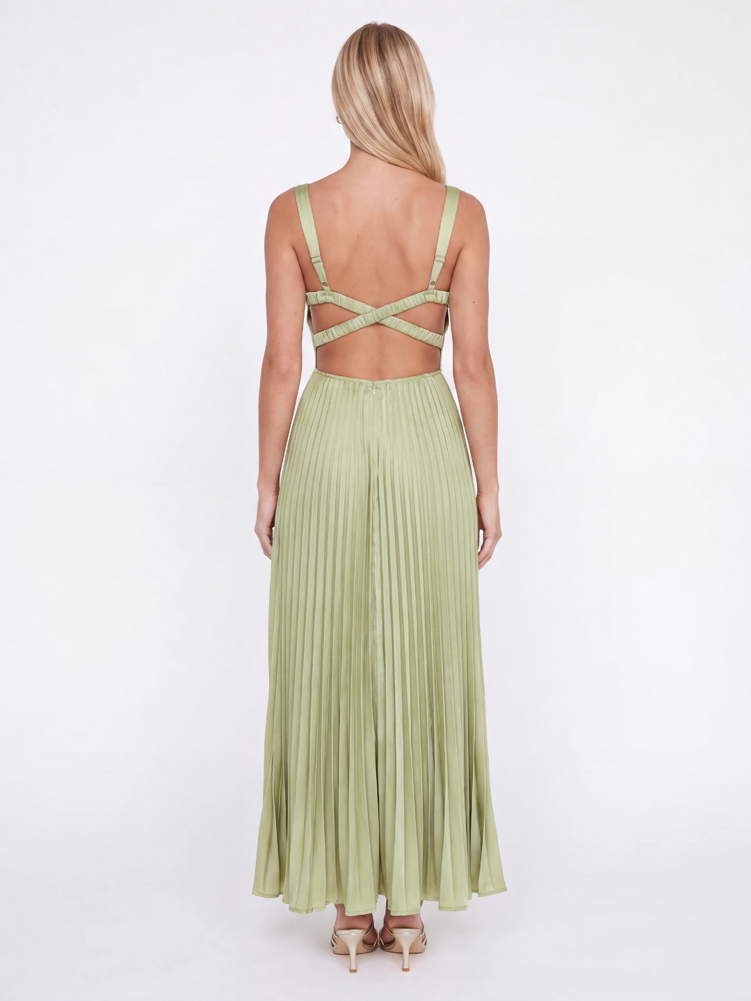 Isobel pleated satin-finish maxi dress in light green — back view