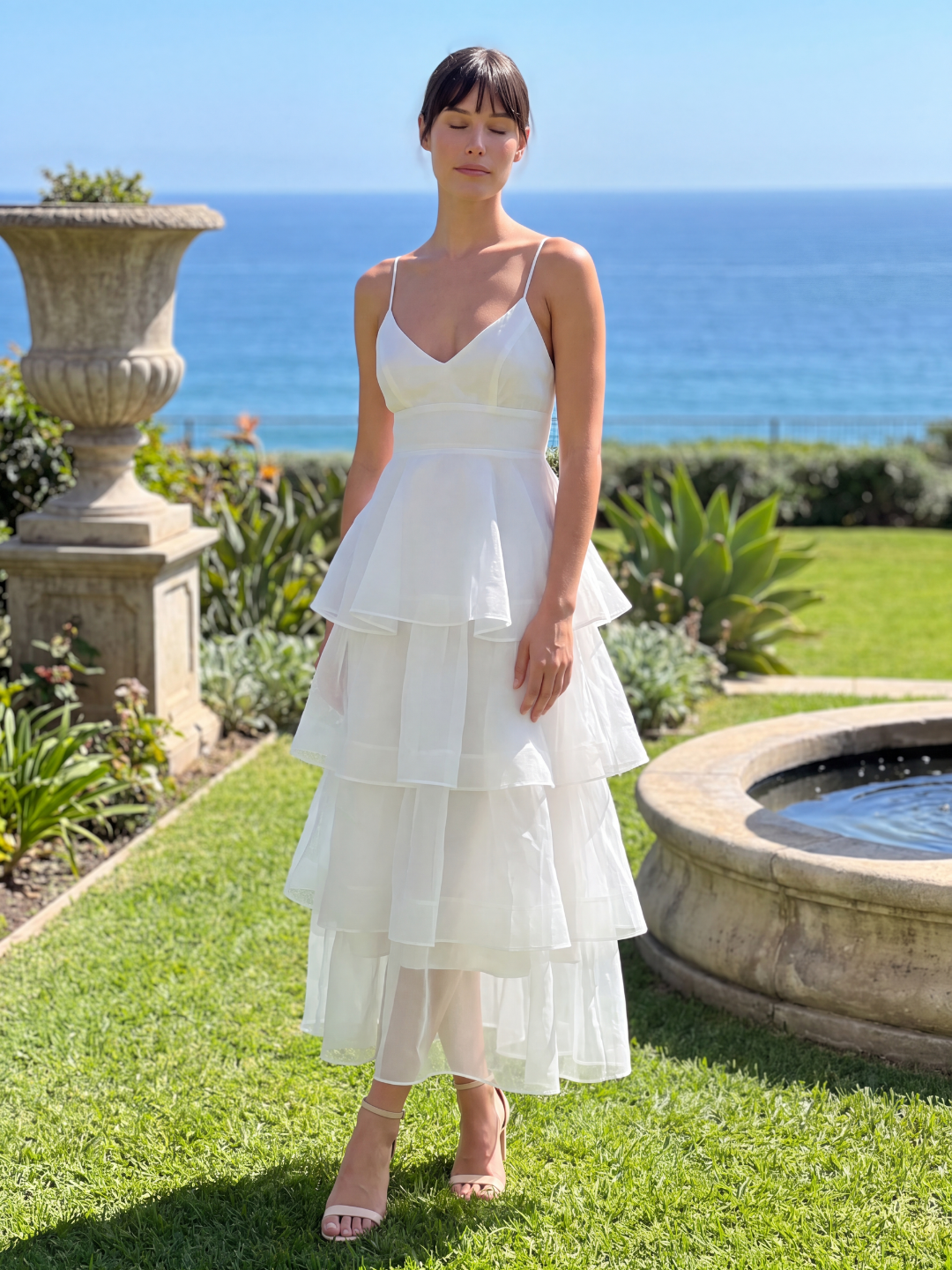 Nell tiered ruffle midi dress with organza skirt in Light Green — front view