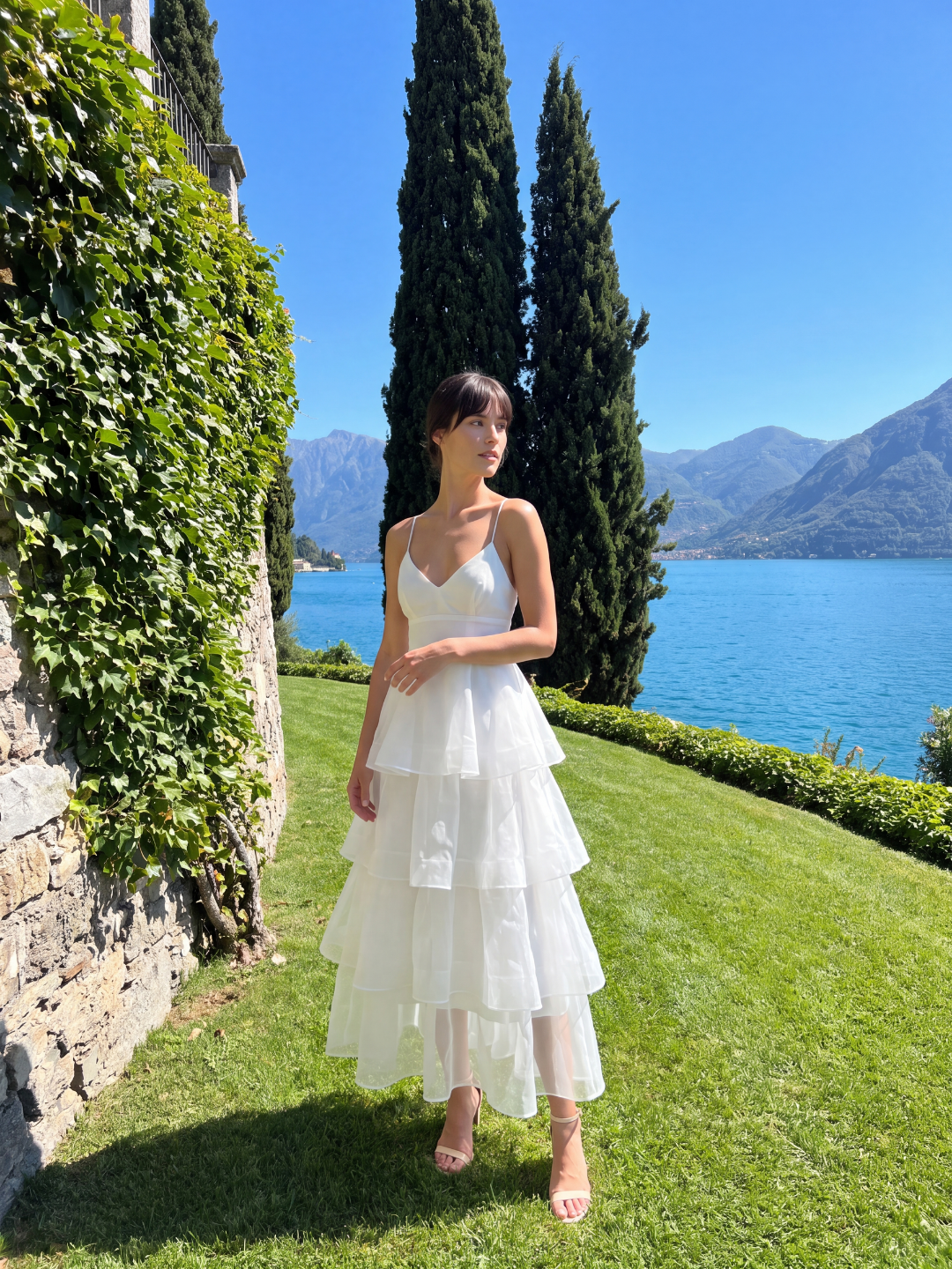 Nell tiered ruffle midi dress with organza skirt in Light Green — back view