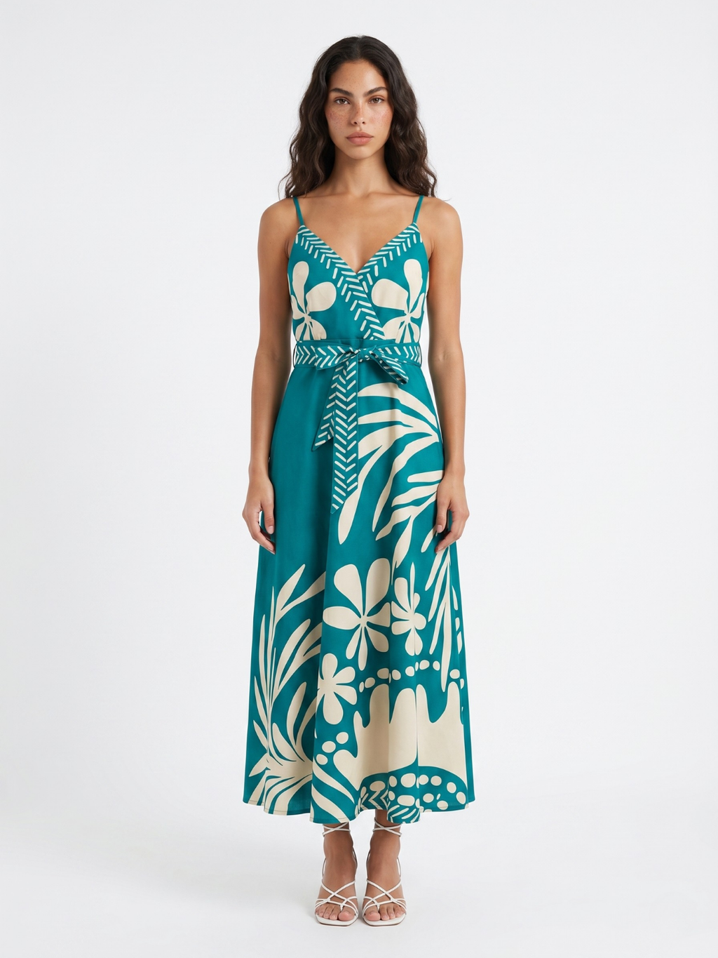 Uma surplice maxi dress with tropical print in dark green — front view