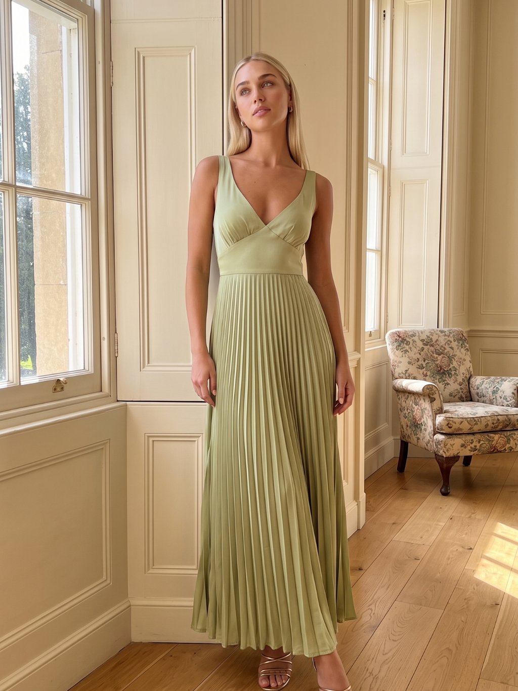 Isobel pleated satin-finish maxi dress in light blue — front view