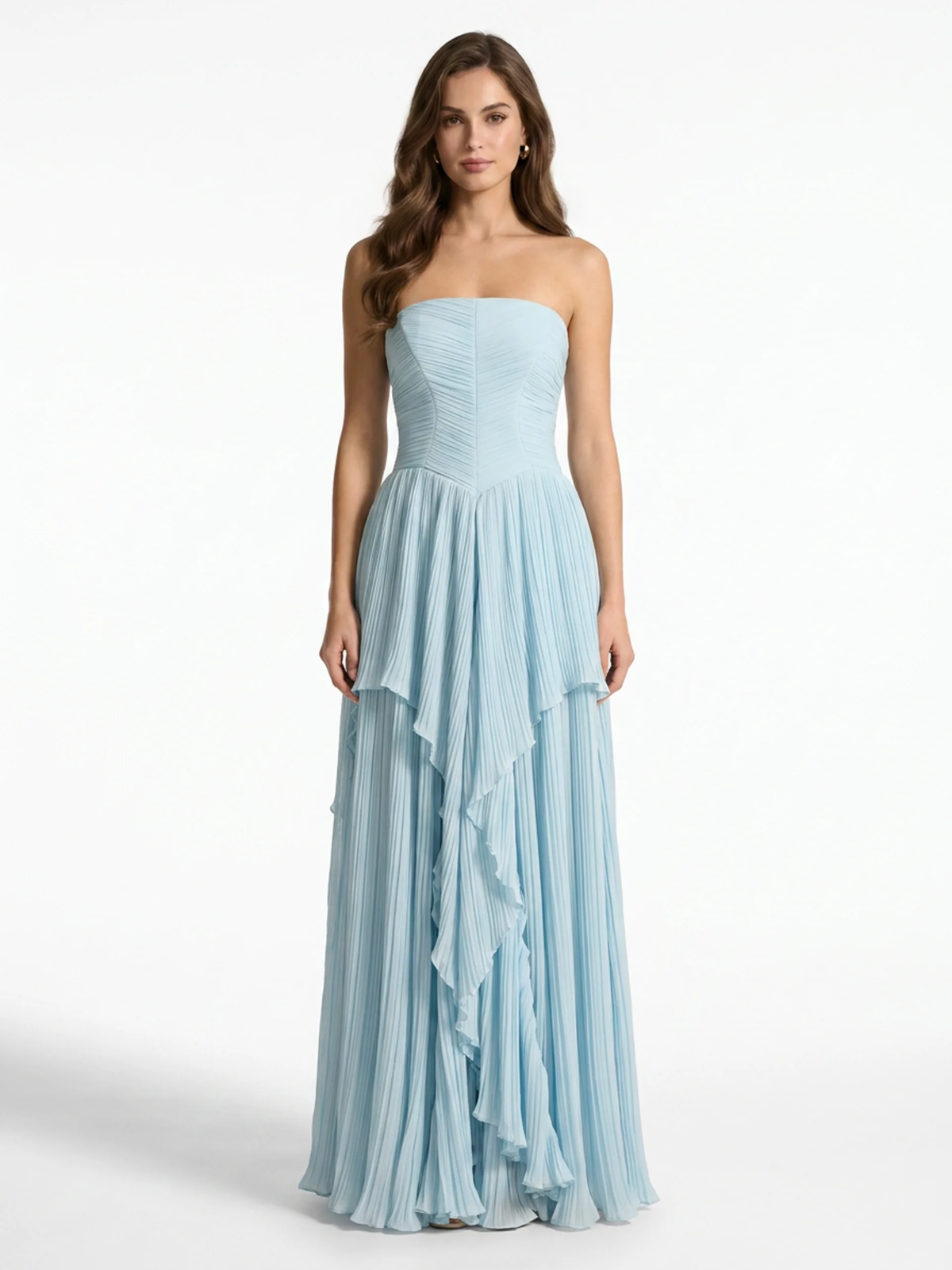 Belle pleated chiffon strapless maxi dress in light purple — front view