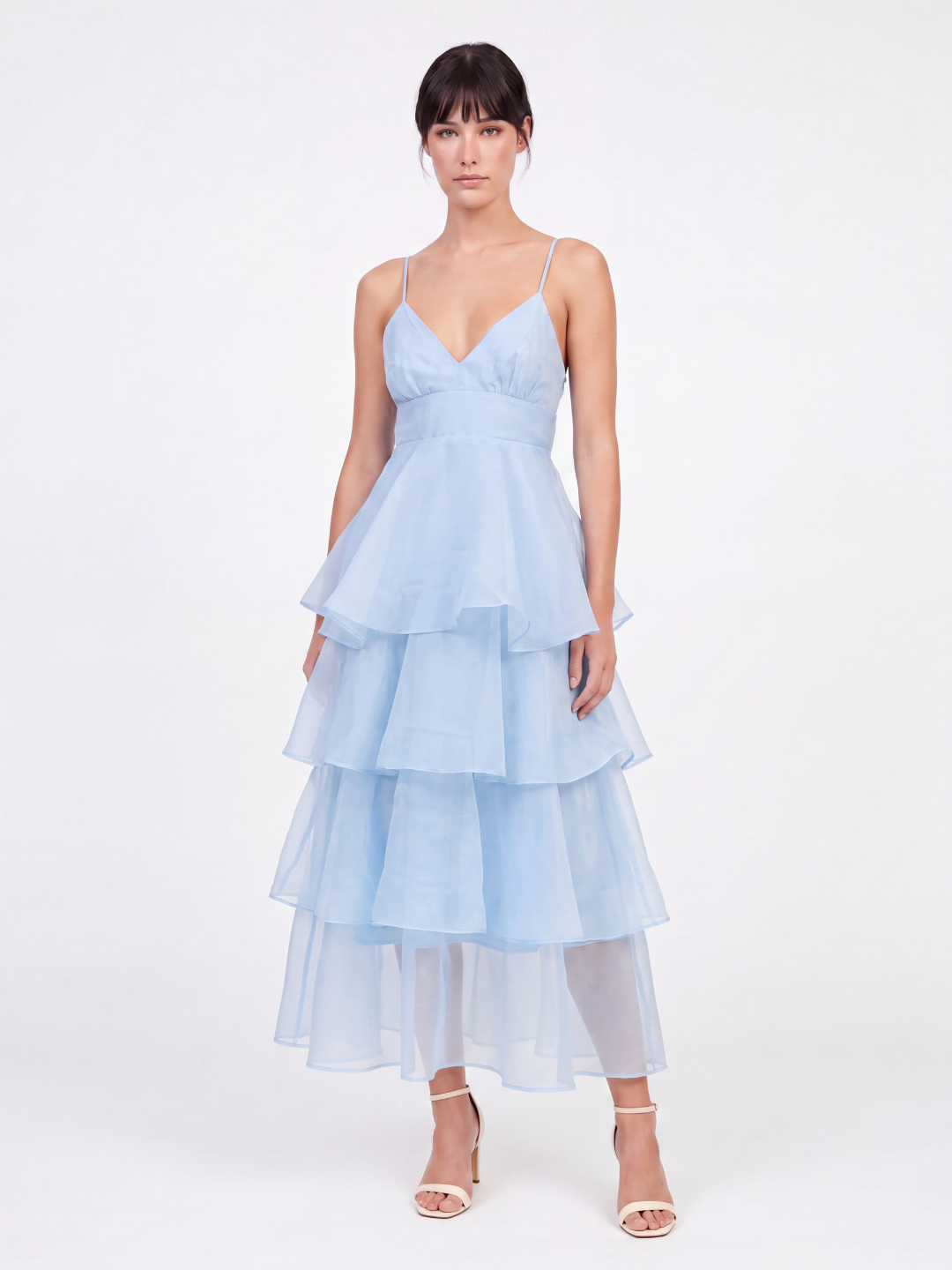 Nell tiered ruffle midi dress with organza skirt in Pink — front view