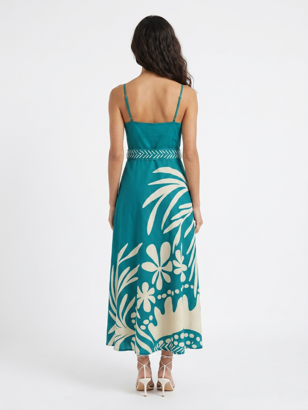 Uma surplice maxi dress with tropical print in dark green — back view