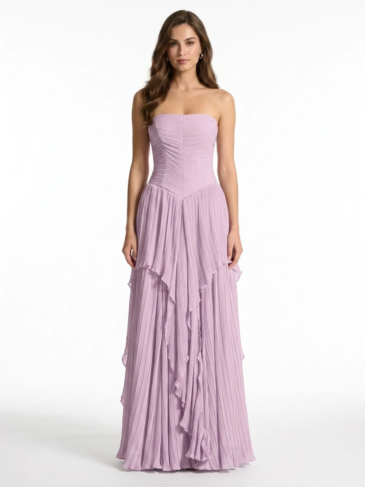 Belle pleated chiffon strapless maxi dress in light purple — detail view