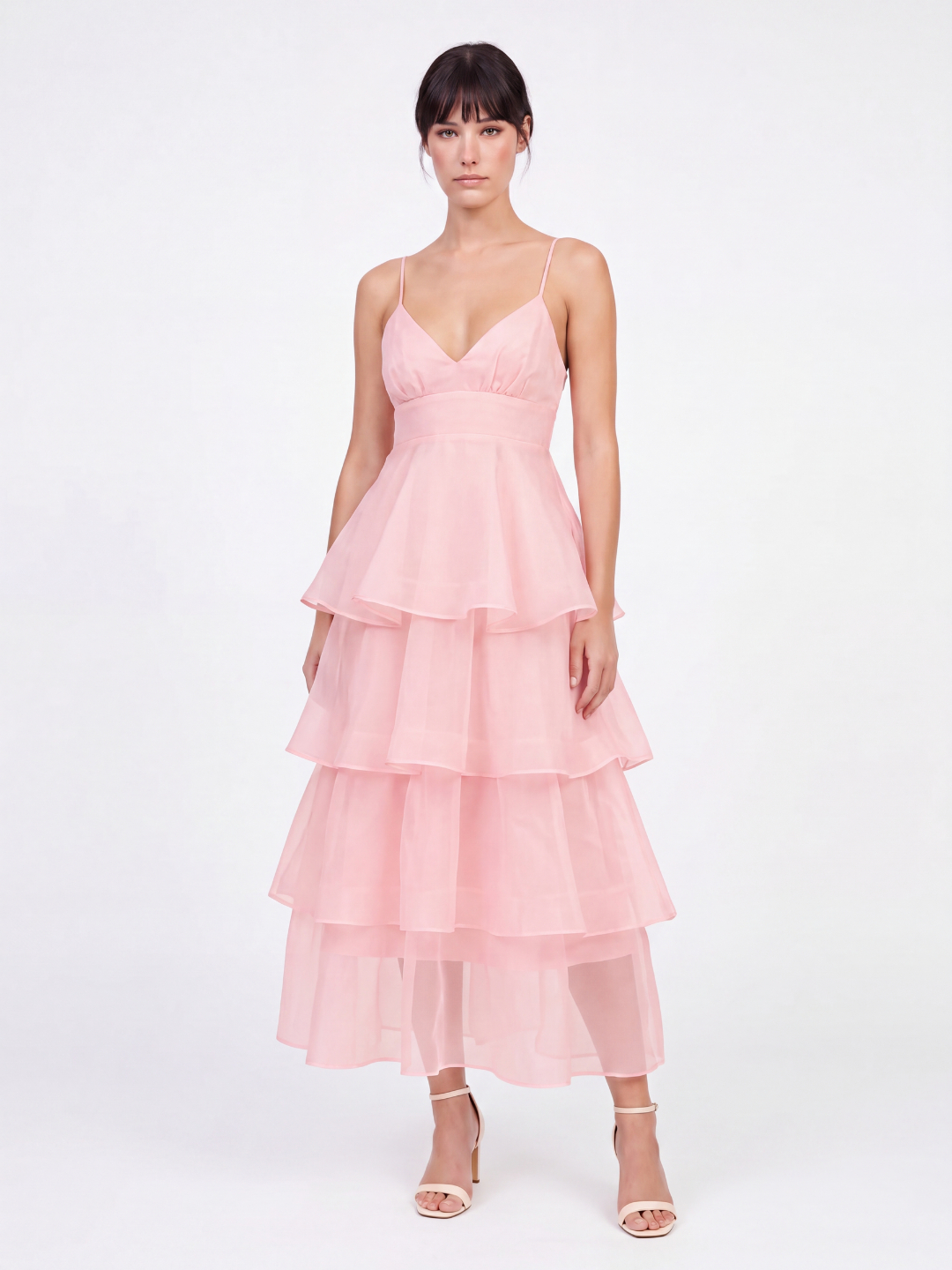 Nell tiered ruffle midi dress with organza skirt in Pink — back view