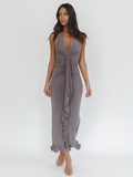 Farrah plunge twist-front ruched cascade maxi dress in grey — front view