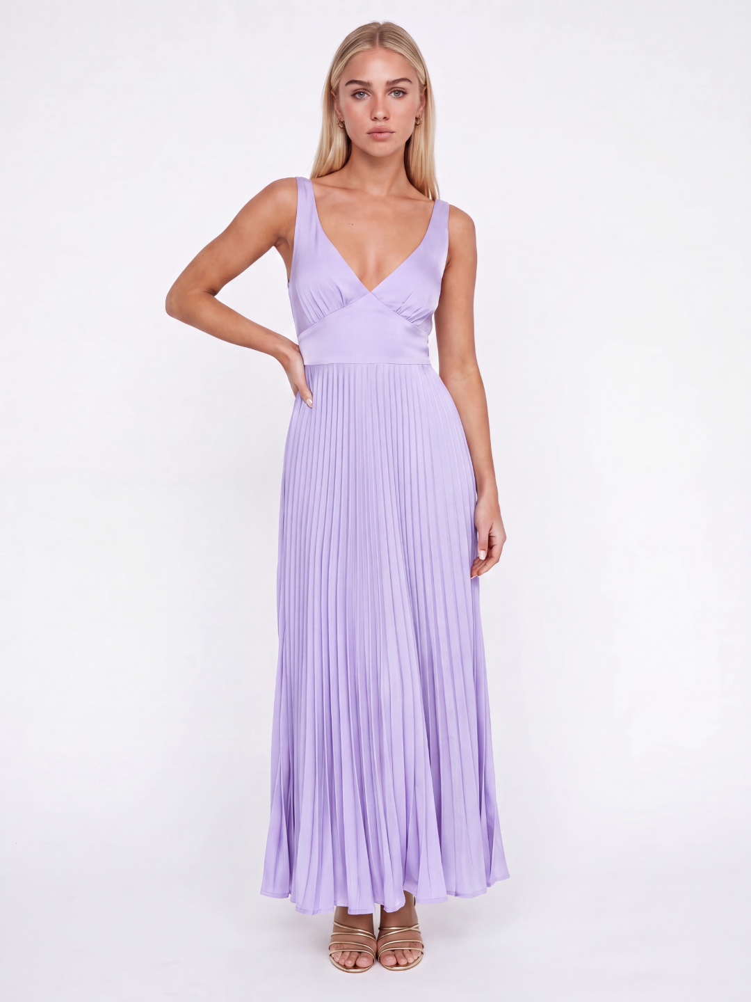 Isobel pleated satin-finish maxi dress in light purple — back view