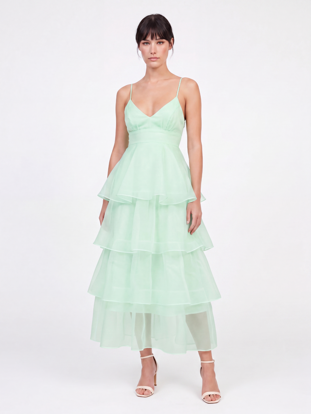 Nell tiered ruffle midi dress with organza skirt in Light Blue — back view