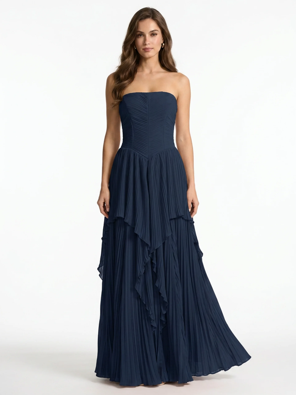 Belle pleated chiffon strapless maxi dress in navy blue — front view