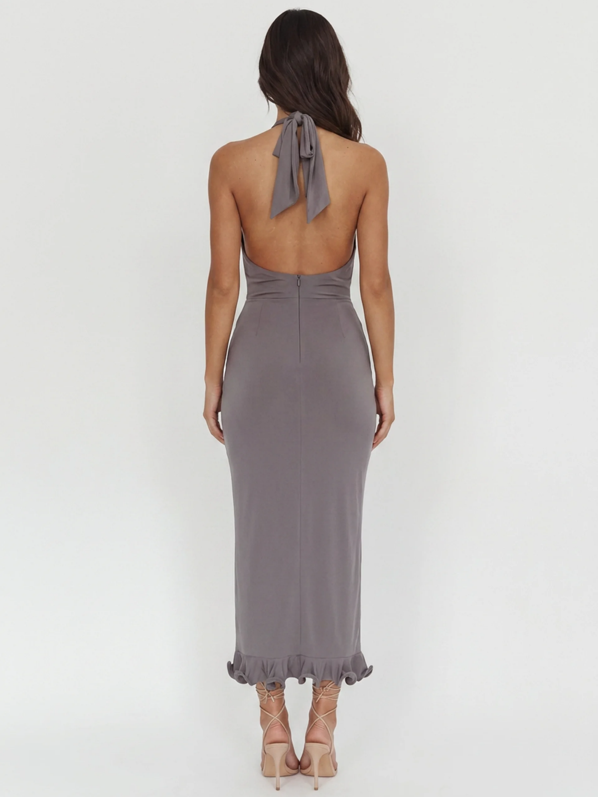 Farrah plunge twist-front ruched cascade maxi dress in grey — back view