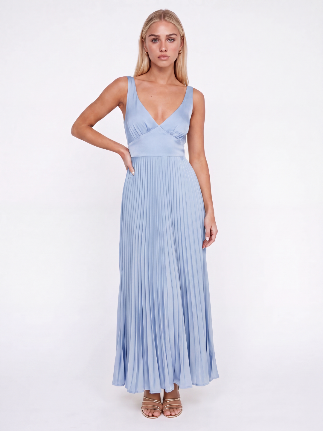 Isobel pleated satin-finish maxi dress in brown — back view