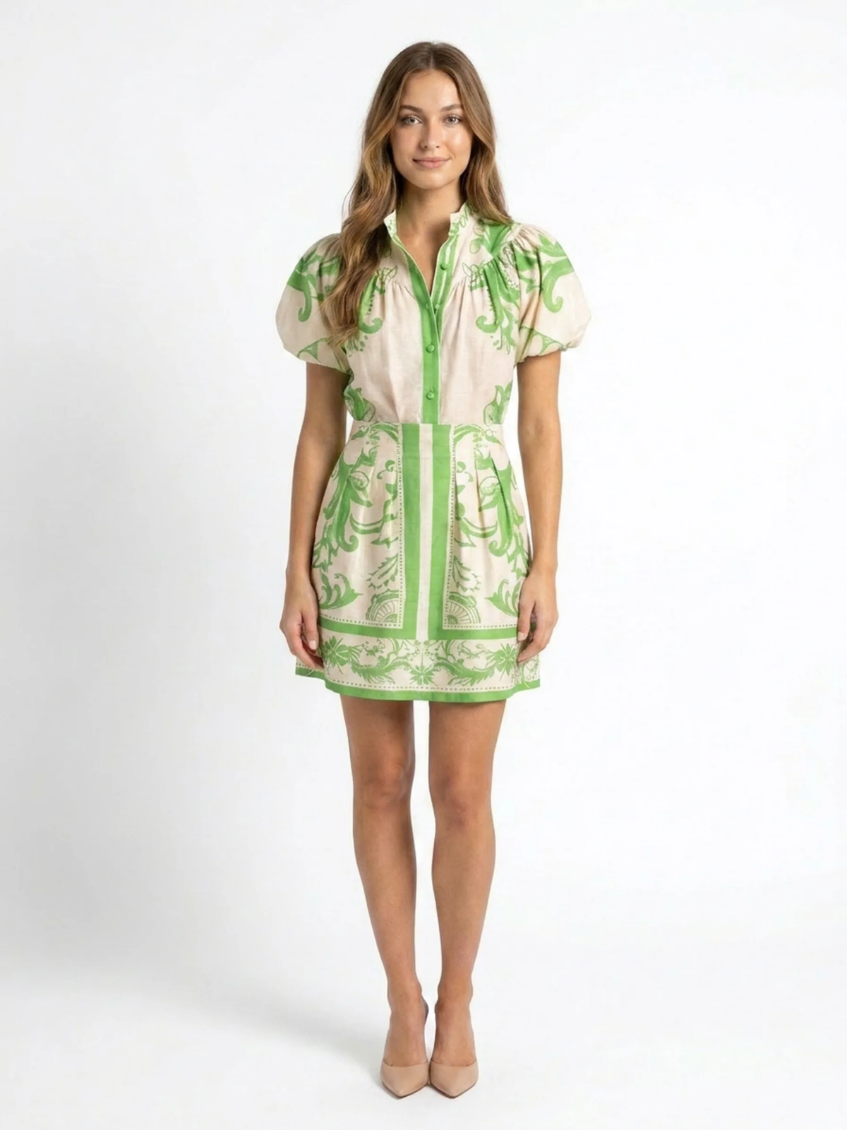 Effie floral print puff-sleeve two-piece mini set in blue — back view