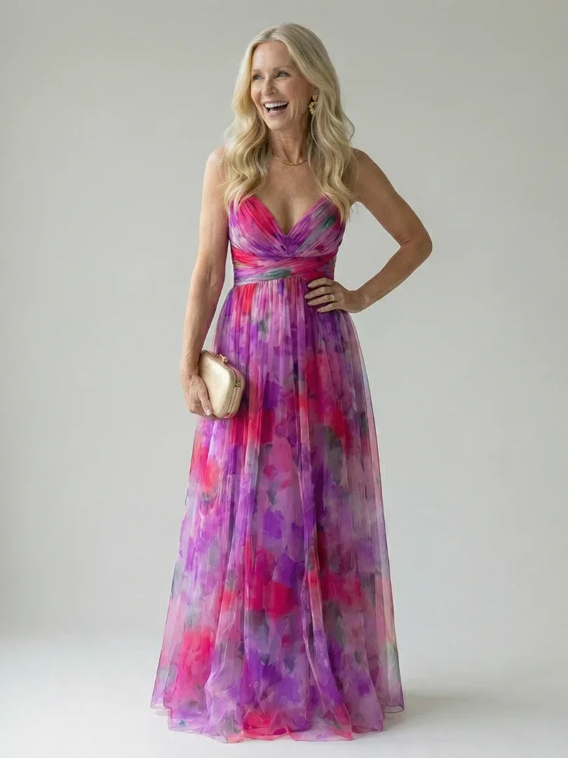 Isel watercolour floral ruched wrap maxi dress — back view