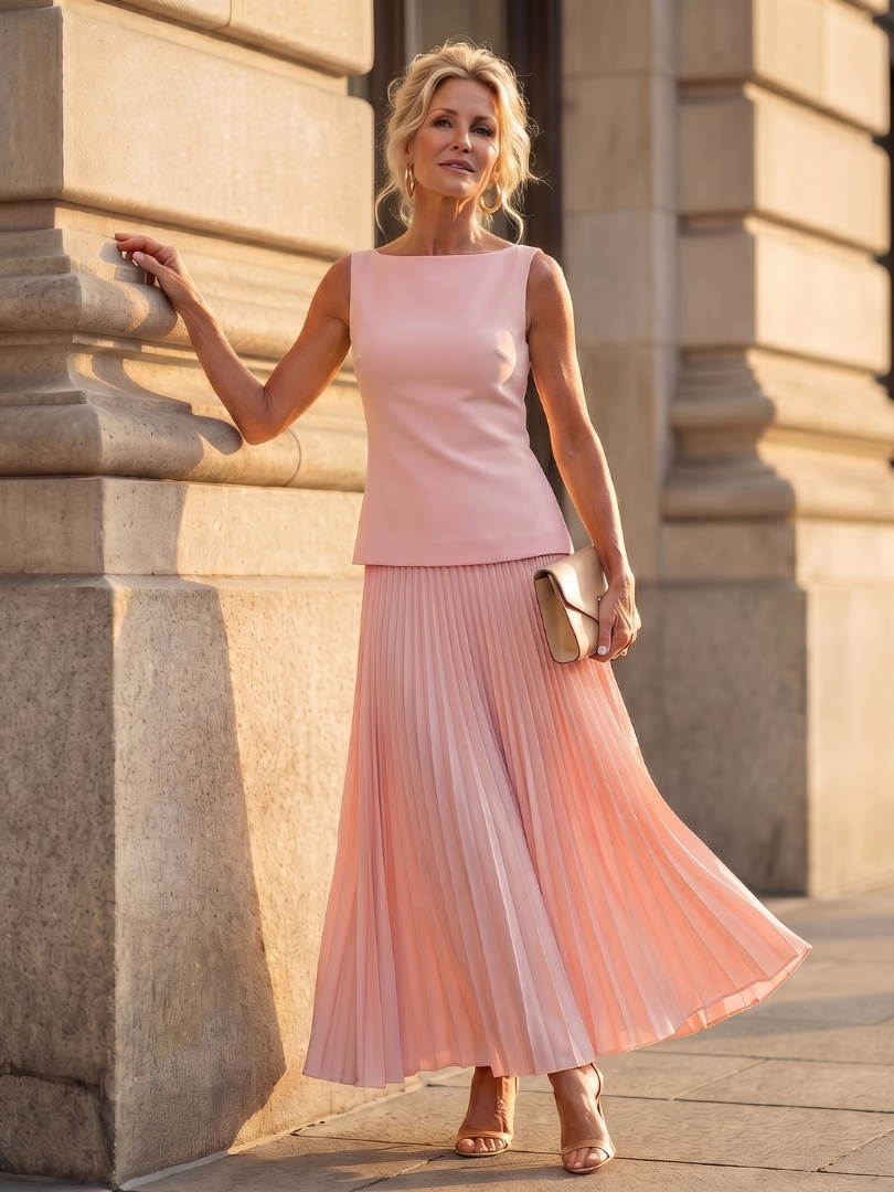 Rhodes boat-neck shell top and pleated maxi skirt two-piece set — front view