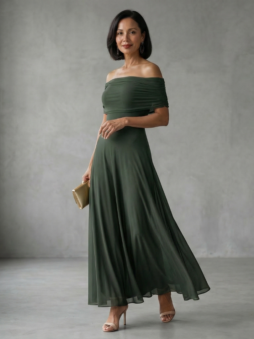 June off-shoulder draped-band maxi dress — front view