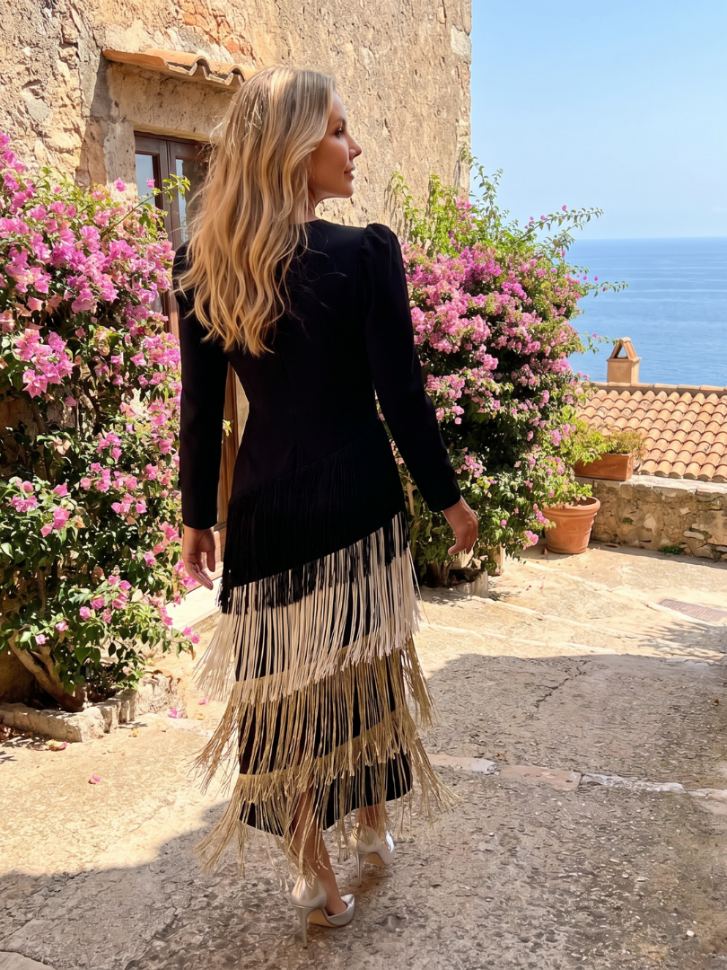 Samara fringed tiered wrap maxi dress — detail view