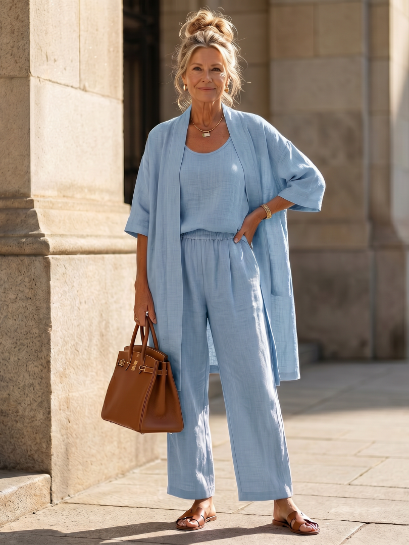 Yael duster, shell top and wide-leg trouser three-piece set — back view
