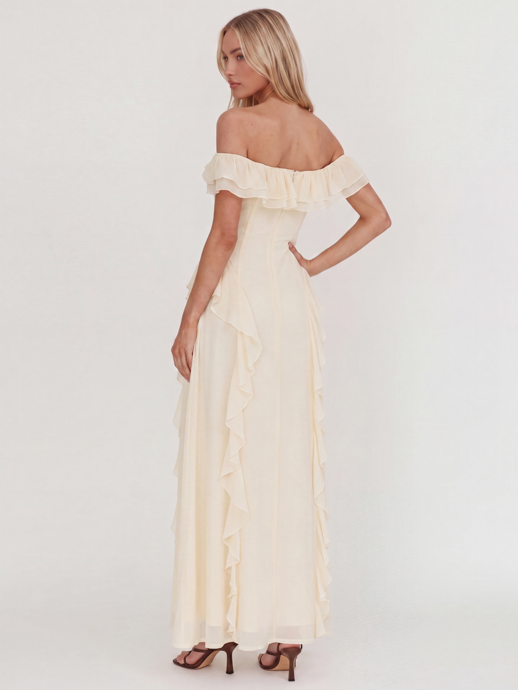 Orla off-shoulder ruffle-trim maxi dress in light yellow — back view
