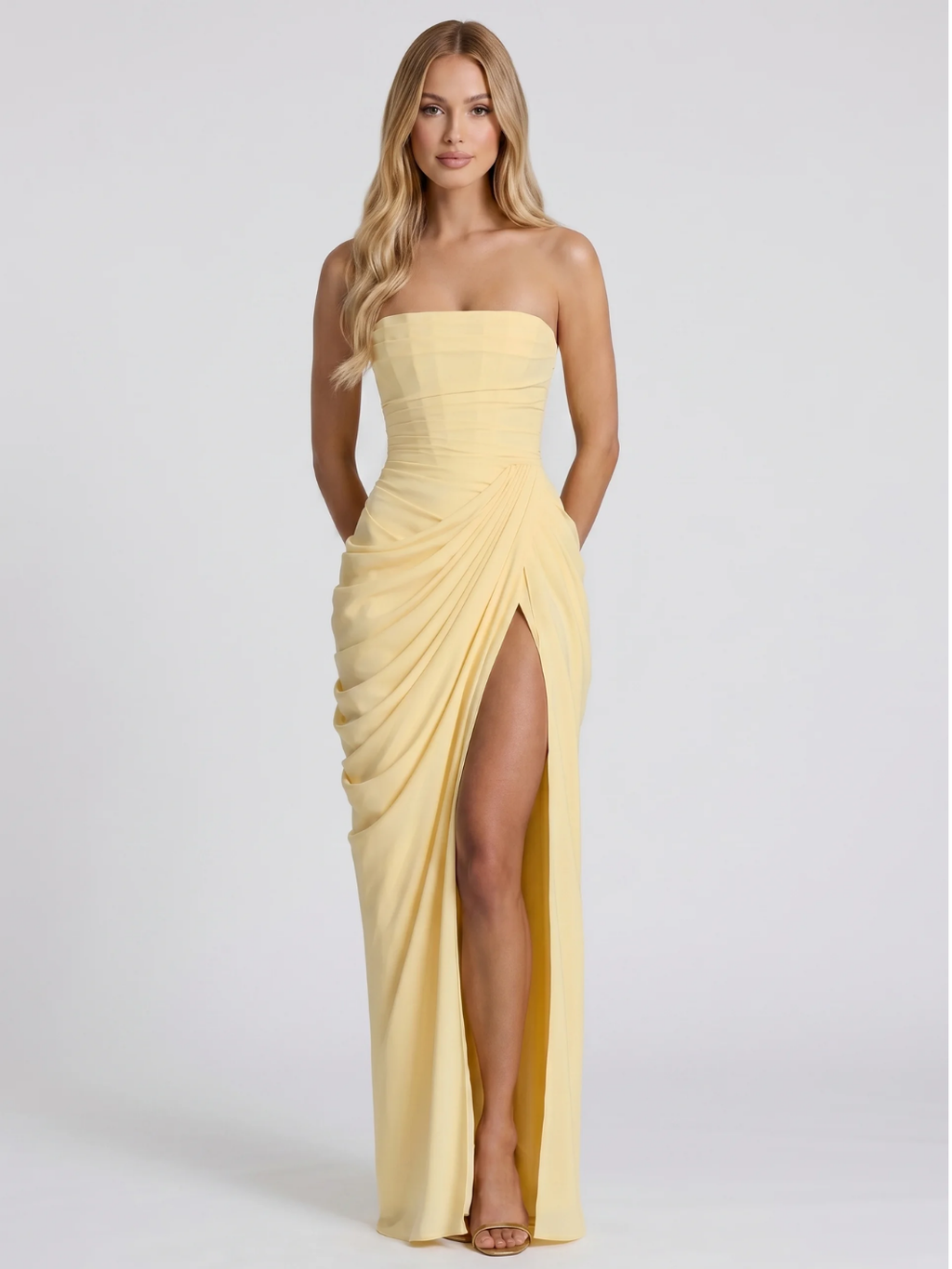 Vivi strapless ruched maxi dress with draped skirt in Yellow — front view