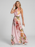 Hester watercolour floral halterneck maxi dress with sash — front view