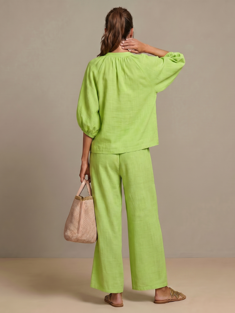 Natalia zip-front blouson top and wide-leg trouser two-piece set — back view