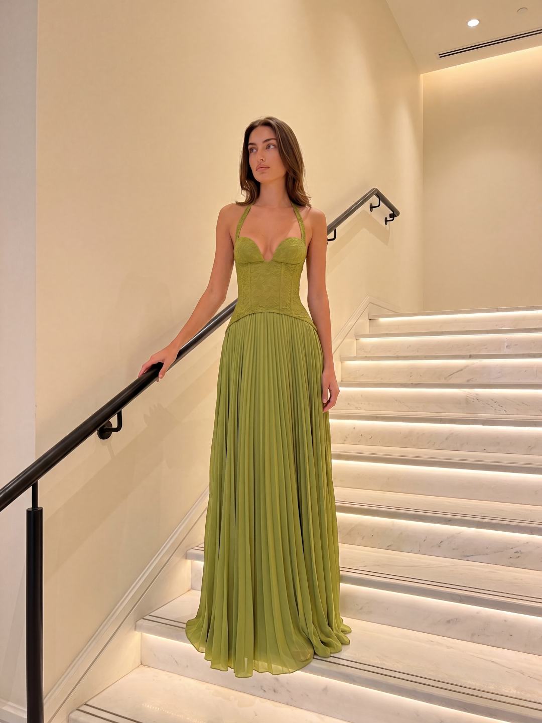 Vada lace corset halterneck pleated maxi dress in green — side view