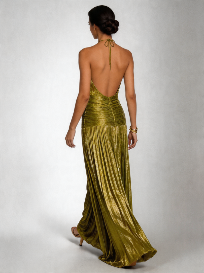 Tatiani metallic pleated halterneck maxi dress with split — back view