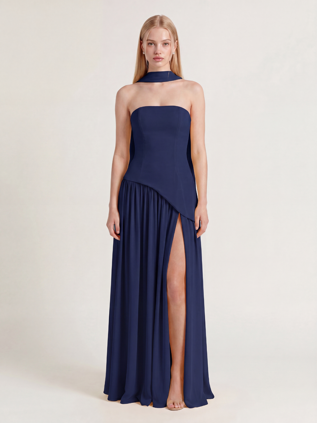 Sasha strapless asymmetric contrast maxi dress in blue — back view