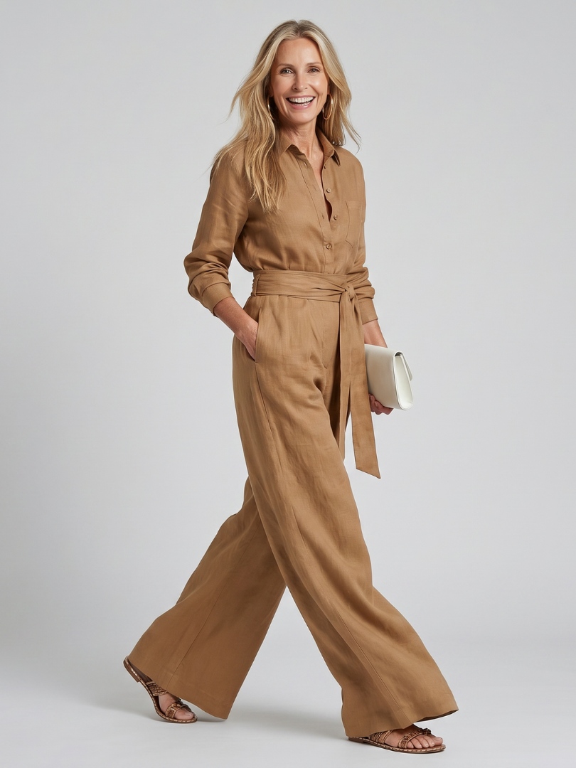 Jovie collared button-front wide-leg jumpsuit — front view